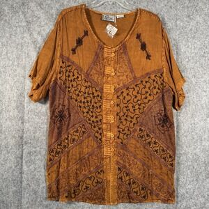 VTG Style Button Up Embroidered 2X Indie Boho Hippie Festival Granola‎ Bronze